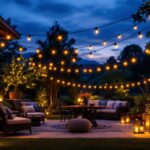 A photograph of a beautifully lit patio at dusk