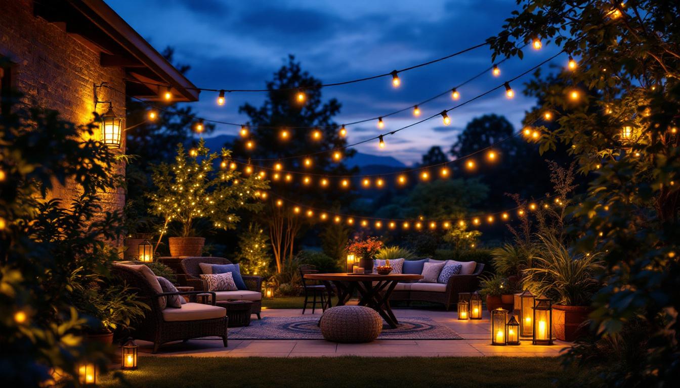 A photograph of a beautifully lit patio at dusk