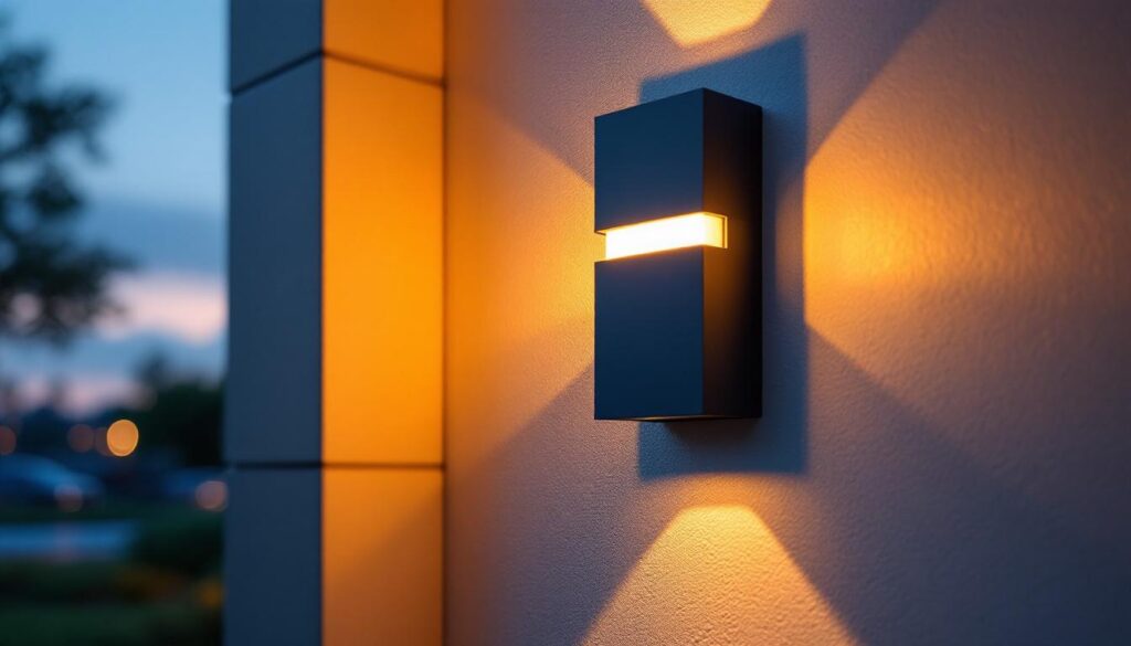 A photograph of a beautifully designed outdoor led wall light installed on a modern home exterior