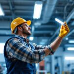 A photograph of a lighting contractor expertly installing a t8 led bulb in a commercial setting