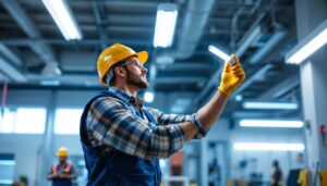A photograph of a lighting contractor expertly installing a t8 led bulb in a commercial setting