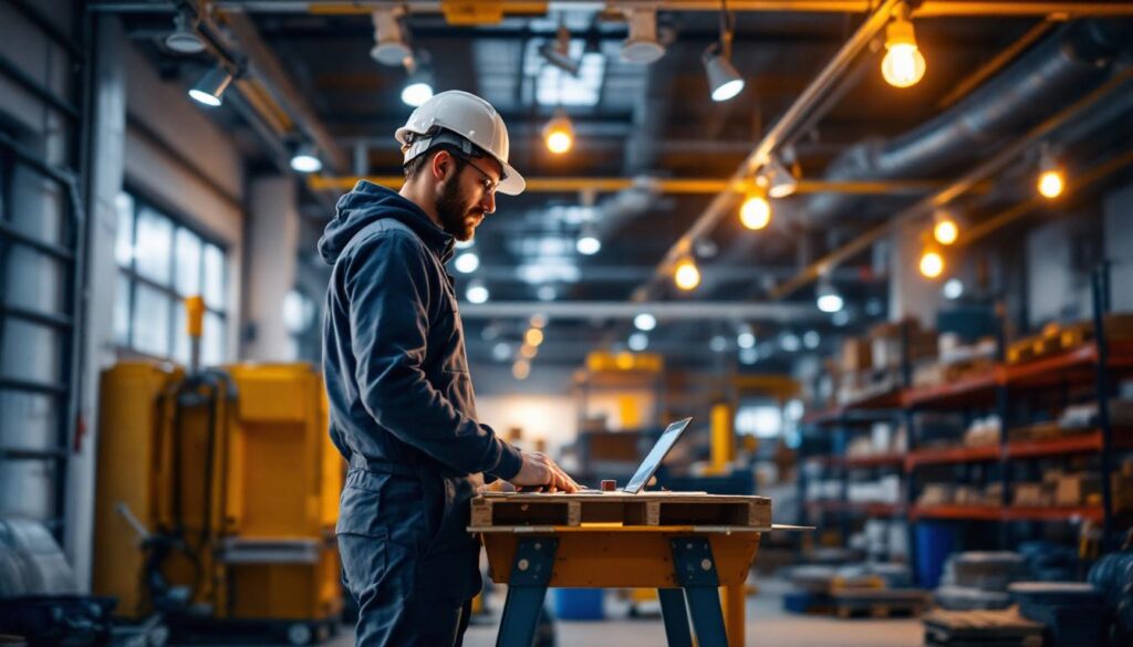 A photograph of a modern industrial workspace featuring sleek track lighting installations