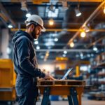 A photograph of a modern industrial workspace featuring sleek track lighting installations