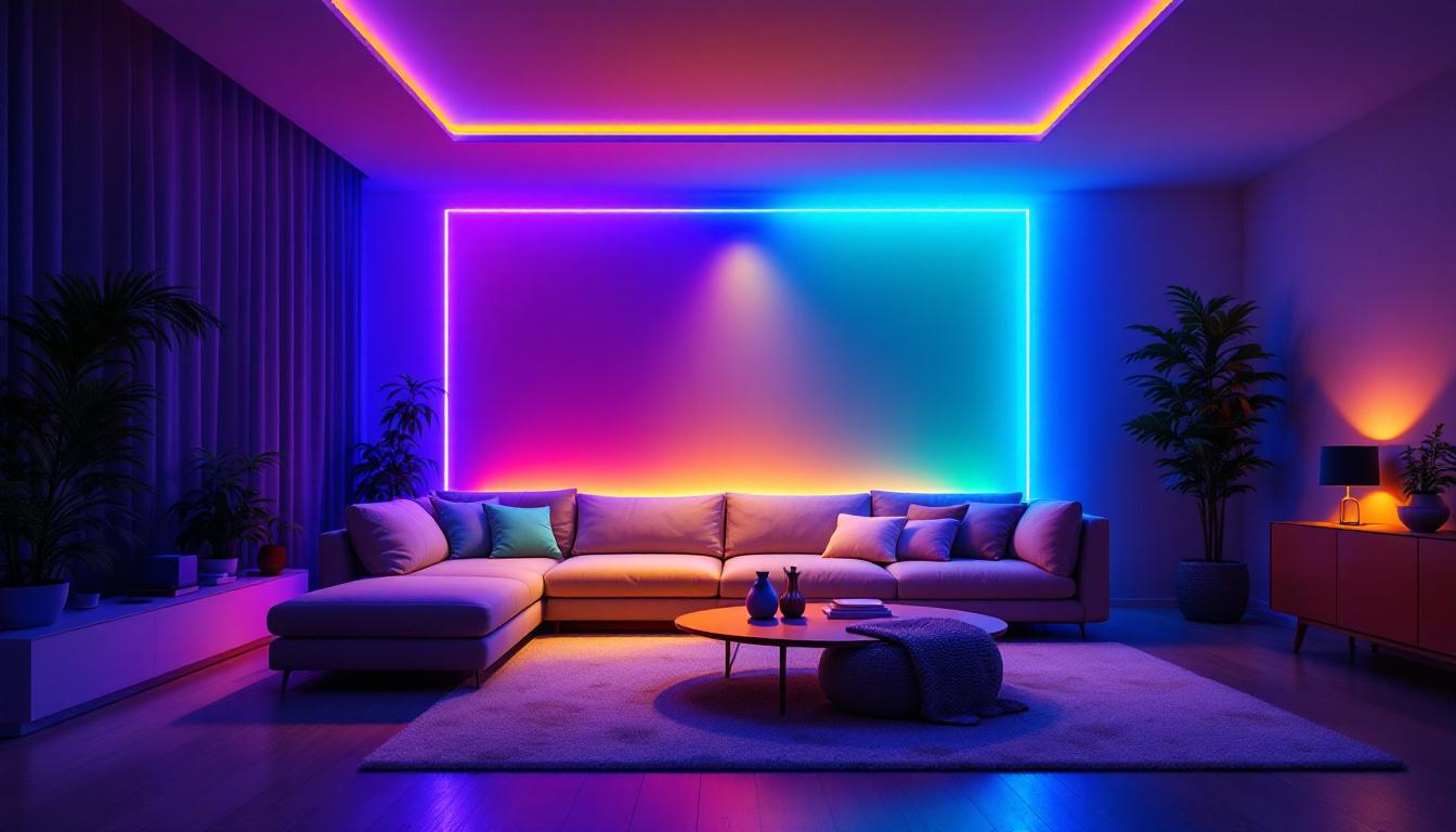 A photograph of a vibrant led rgb lighting setup in a modern living space