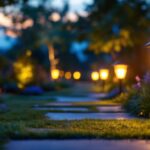 A photograph of a well-lit outdoor space featuring solar-powered lights illuminating pathways and garden areas