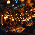 A photograph of capture a photograph of a beautifully illuminated outdoor space featuring temporary lighting stringers