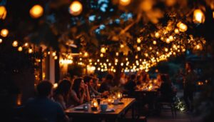 A photograph of capture a photograph of a beautifully illuminated outdoor space featuring temporary lighting stringers