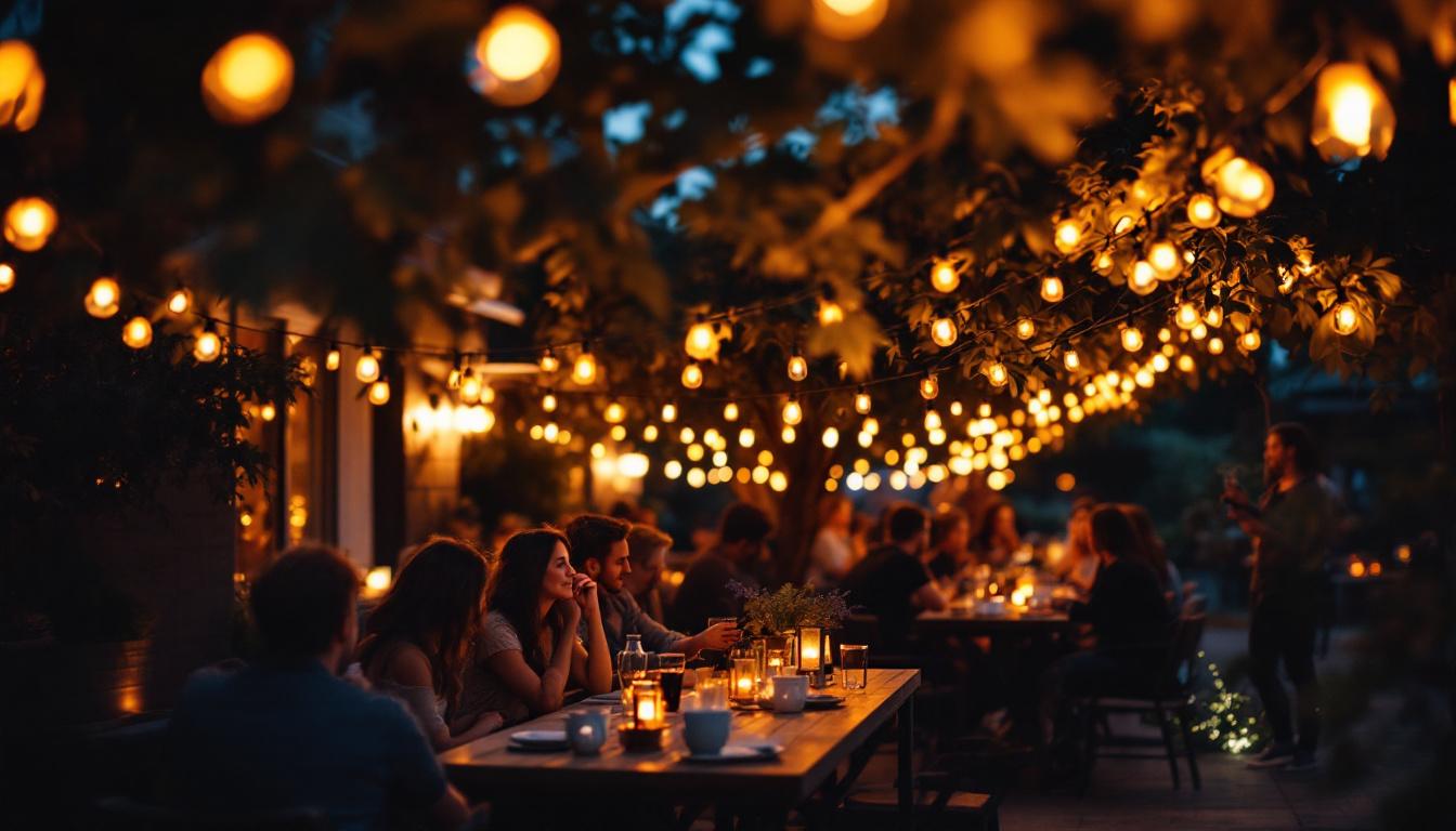 A photograph of capture a photograph of a beautifully illuminated outdoor space featuring temporary lighting stringers