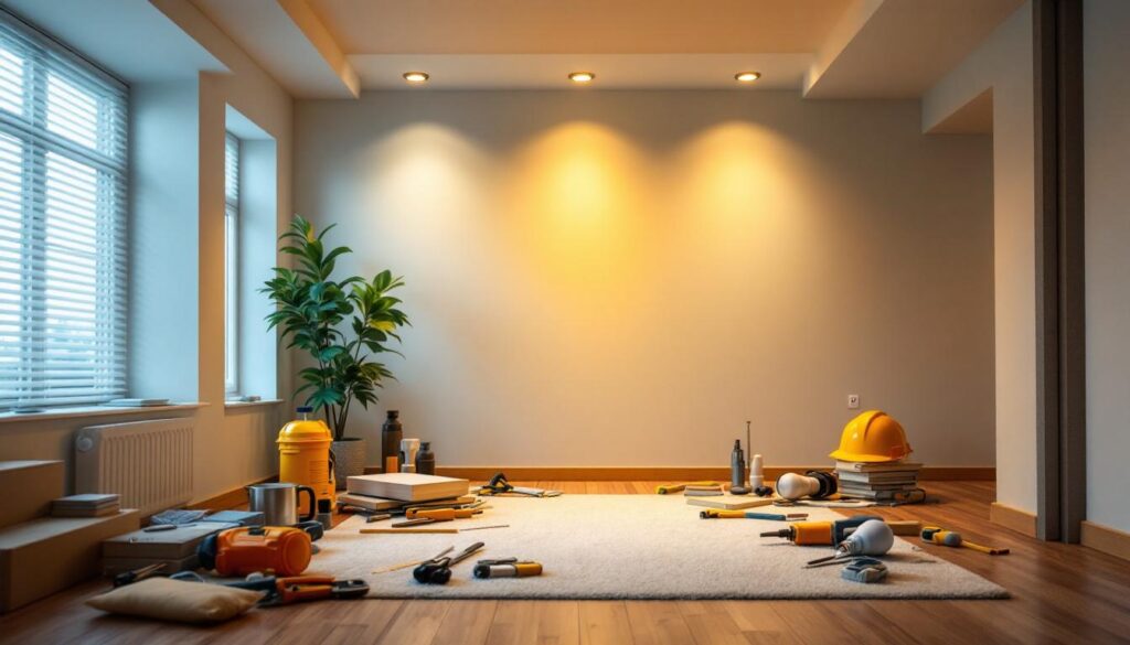 A photograph of a well-lit room featuring recessed can lights with led bulbs installed