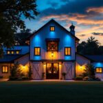 A photograph of a beautifully illuminated barn exterior at dusk