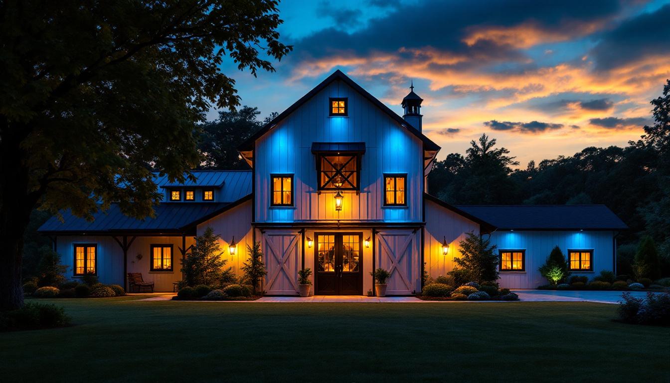 A photograph of a beautifully illuminated barn exterior at dusk