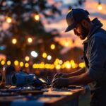 A photograph of a skilled lighting contractor meticulously installing temporary lighting at an outdoor event