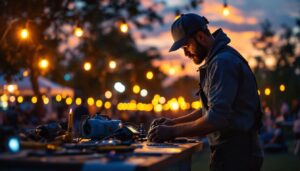 A photograph of a skilled lighting contractor meticulously installing temporary lighting at an outdoor event