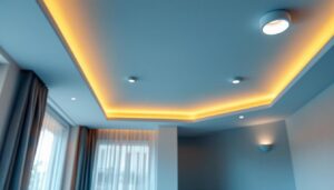 A photograph of a well-lit room showcasing various sizes of recessed can lights installed in the ceiling