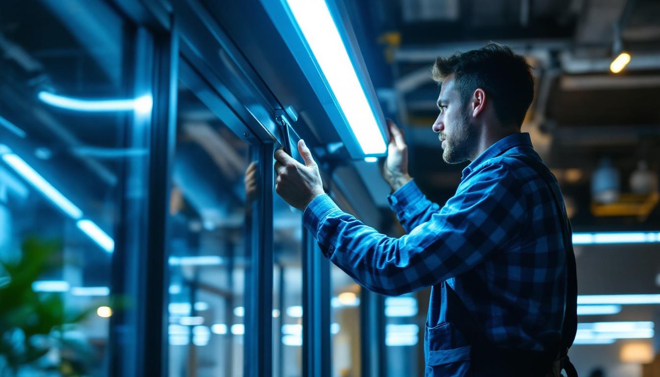 A photograph of a lighting contractor expertly installing linear led fixtures in a commercial space