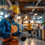 A photograph of a lighting contractor installing energy-efficient lighting solutions in a modern commercial space