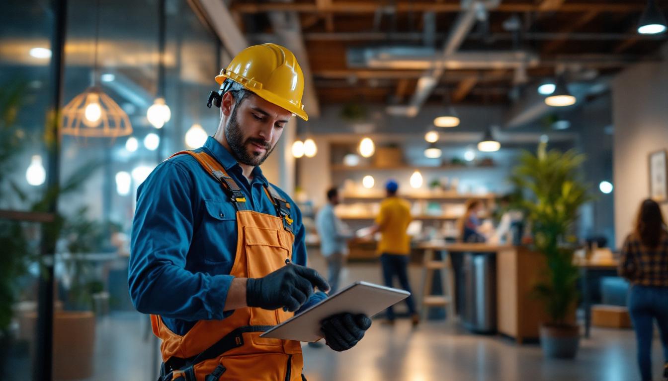 A photograph of a lighting contractor installing energy-efficient lighting solutions in a modern commercial space