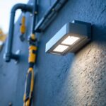 A photograph of a lighting contractor installing a wall pack fixture on a building exterior