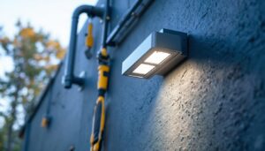A photograph of a lighting contractor installing a wall pack fixture on a building exterior