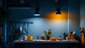 A photograph of a well-lit garage interior showcasing stylish wall lights in action