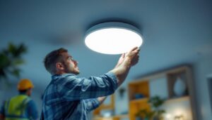 A photograph of a lighting contractor expertly installing wafer recessed lighting in a modern home setting