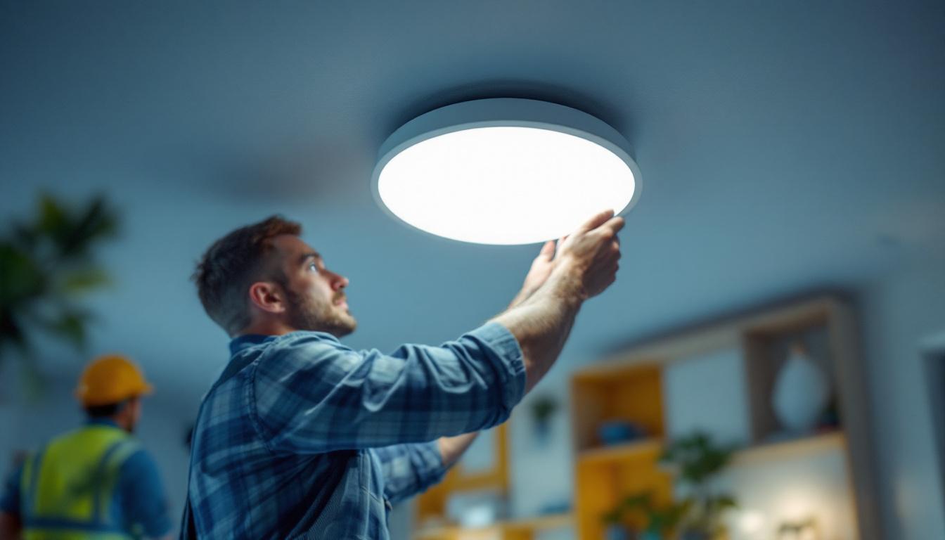A photograph of a lighting contractor expertly installing wafer recessed lighting in a modern home setting