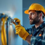 A photograph of a lighting contractor working on a light switch receptacle installation