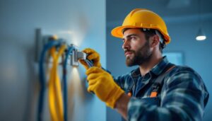 A photograph of a lighting contractor working on a light switch receptacle installation