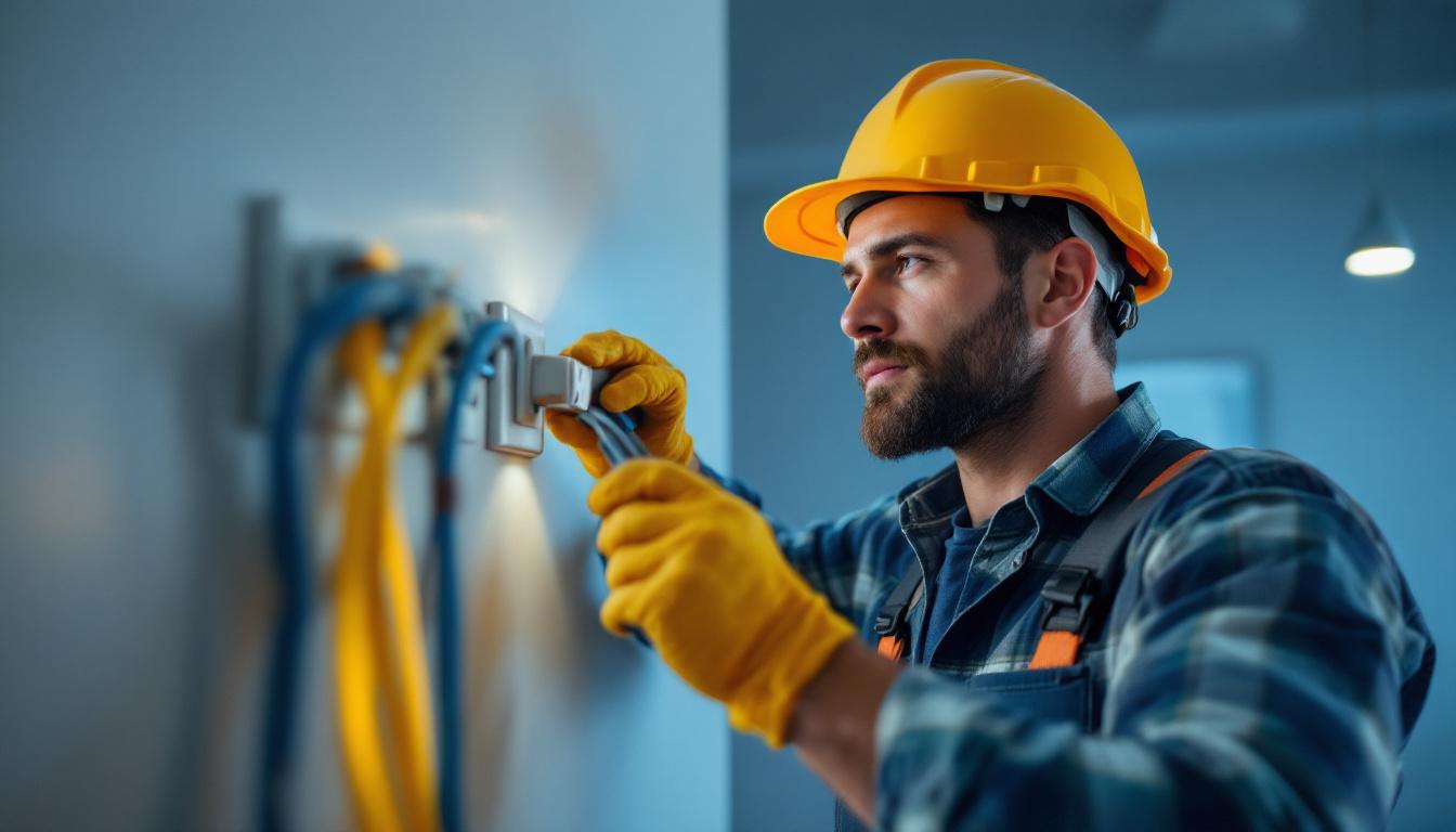 A photograph of a lighting contractor working on a light switch receptacle installation