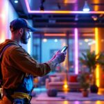 A photograph of a lighting contractor skillfully installing vibrant led strip lights in a modern interior space