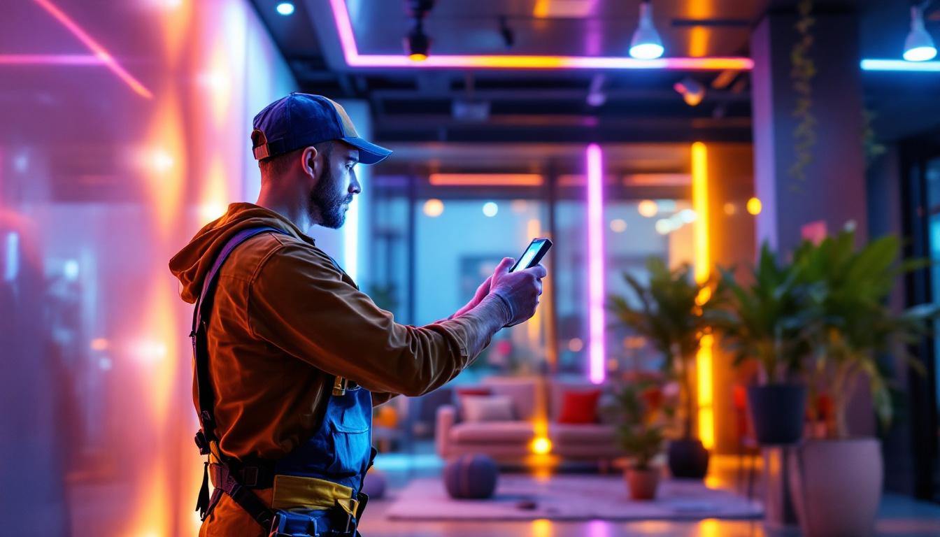 A photograph of a lighting contractor skillfully installing vibrant led strip lights in a modern interior space