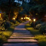 A photograph of a beautifully illuminated garden pathway at dusk