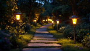 A photograph of a beautifully illuminated garden pathway at dusk