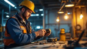 A photograph of a lighting contractor expertly installing an hps ballast in a commercial setting