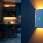 A photograph of a lighting contractor installing a modern led dimmer switch in a stylish home setting