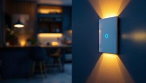 A photograph of a lighting contractor installing a modern led dimmer switch in a stylish home setting