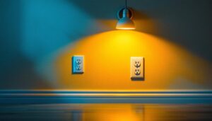 A photograph of a well-lit room showcasing various electrical outlet receptacles in use