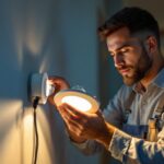A photograph of a lighting contractor installing a 3-inch led downlight in a modern home setting