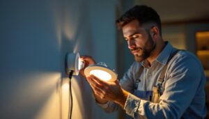 A photograph of a lighting contractor installing a 3-inch led downlight in a modern home setting