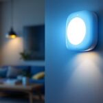 A photograph of a modern motion light detector installed in a stylish home setting