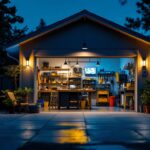 A photograph of a well-lit garage at dusk