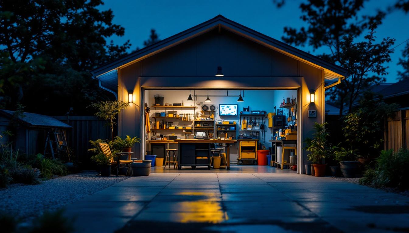 A photograph of a well-lit garage at dusk