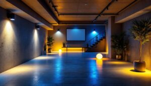 A photograph of a beautifully illuminated basement space featuring modern led lighting fixtures