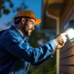 A photograph of a skilled lighting contractor installing an outdoor motion security light in a residential setting during dusk