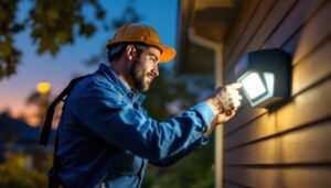 A photograph of a skilled lighting contractor installing an outdoor motion security light in a residential setting during dusk