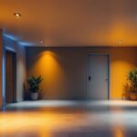 A photograph of a well-lit basement space featuring modern led ceiling lights