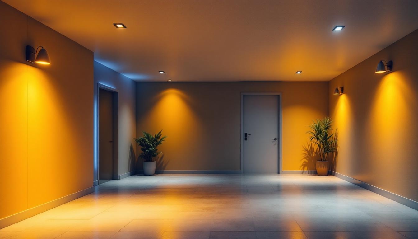A photograph of a well-lit basement space featuring modern led ceiling lights