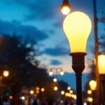 A photograph of a well-lit street scene featuring various types of street lamp light bulbs in use