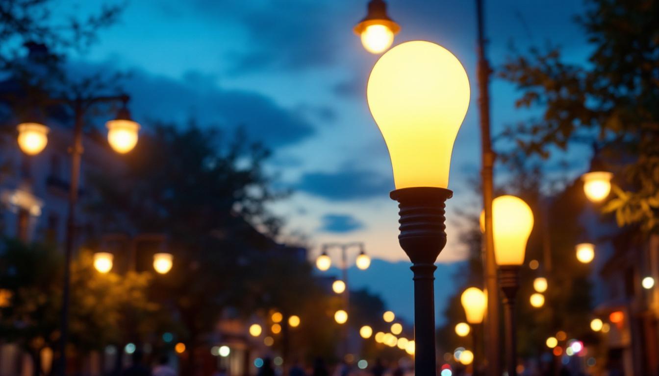 A photograph of a well-lit street scene featuring various types of street lamp light bulbs in use