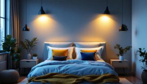 A photograph of a beautifully designed bedroom featuring stylish over-the-bed lighting that showcases the ambiance and functionality of the lights